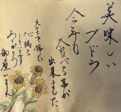 絵手紙「美味しいブドウ今年も食べることが出来ました　９２才姉も心待ちしています　ありがとう御座いました。」